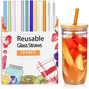 [10 Pcs] Reusable Glass Straws Shatter Resistant - 9" x 10 mm Multicolor Drinking Reusable Straws With 2 Cleaning Brushes for Coffee,Milkshakes,Juice Drinks