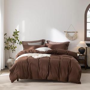 Stripe Duvet Cover Queen Size 90inch x 90inch,100% Washed Cotton Pinstripe Duvet Cover with Zipper Closure and 2 Pillowcases, Color of Cocoa Brown-Black Stripe