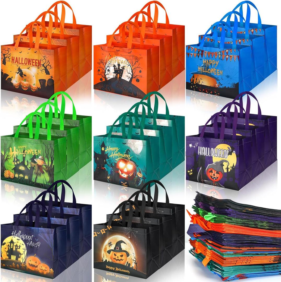 Sadnyy 80 Pcs Large Halloween Treat Bags Bulk - 12.6 x 9.84 x 6.79 Inch Happy Halloween Tote Gift Bags Reusable Candy Bag with Handles for Party Favors (Pumpkin)