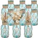 SiliFine Set of 12 Coastal Glass Vases Starfish Shell Crafts Decor Beach Flowers Vases with Boho Rope Small Nautical Sea Glass Jar Coastal Table Centerpieces for Holiday Wedding Home Decorations