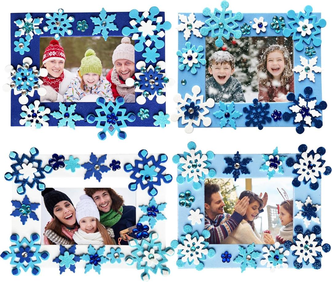 MLOLM 24 Pack Winter Snowflake Picture Frames Craft Kits, 24 DIY Photo Frames with 176 Snowflake Stickers for Christmas Crafts, Frozen Themed Party Favors, Home Winter Activity