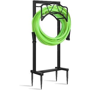 Garden Hose Holder Freestanding Outdoor - Heavy Duty Water Hose Holders for Outside, Metal Hose Stand with 4 Spikers, Hose Hanger Free Standing, Hose Storage for Outside, Holds 150-feet Hose, Black