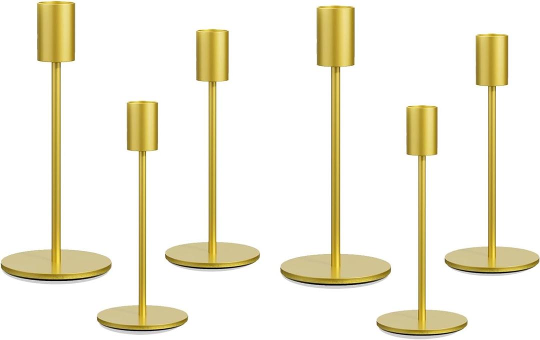 Taper Candle Holder Set of 6, Brass Gold Tall Candlestick Holders, Metal Vintage Candle Stickers Long Holder Set, Pillar Decorative Candle Holder Fits 3/4 Inch Candle for Wedding (Gold-6 Packs)