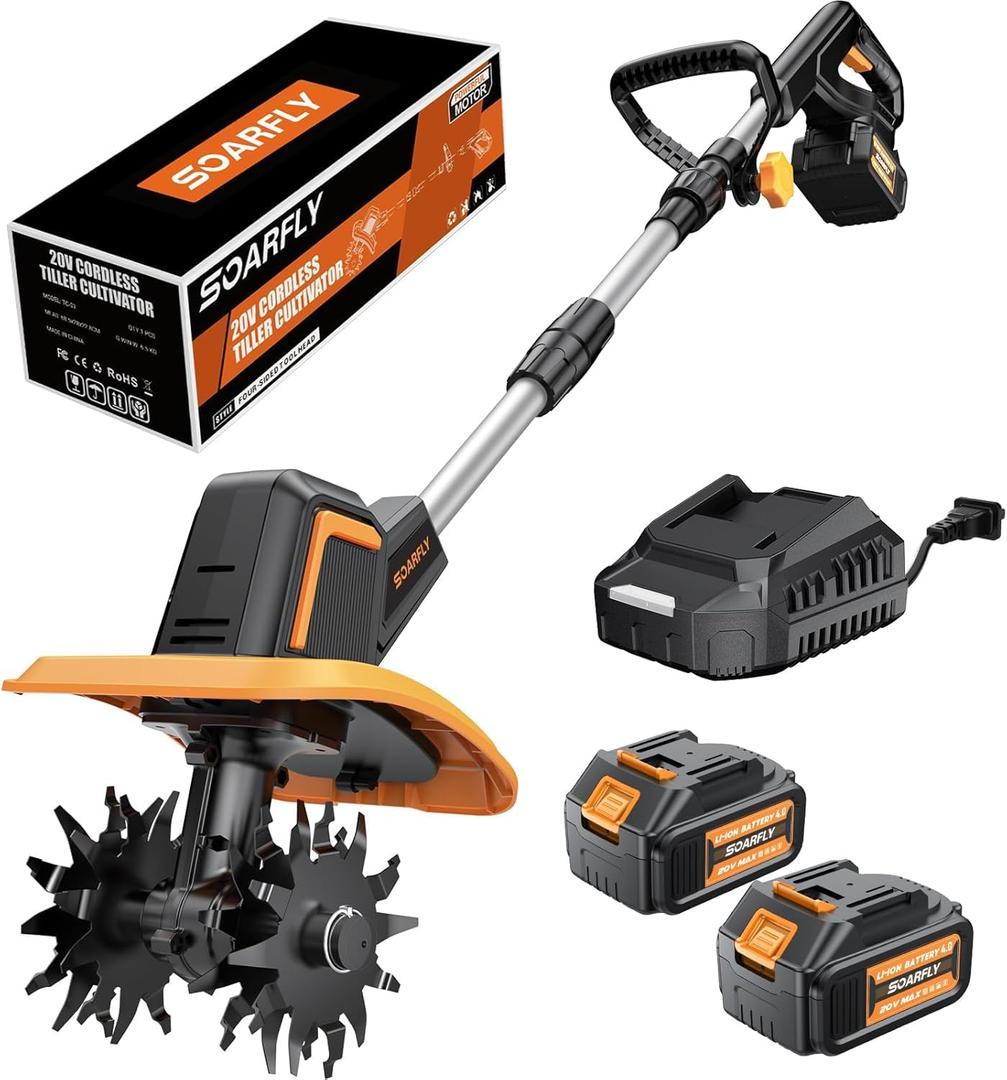 SOARFLY Upgraded Cordless Tiller for Gardening with Dual 4.0Ah Batteries, 48 Steel Tines Battery Rototiller, 9" Width 6.6" Depth Garden Tiller Cultivator for Soil, Tending & Composting (Orange)
