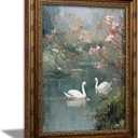 Vintage Gold Framed Swan Wall Art, White Swan Couple in Romantic Flowers Lake Scene Wall Decor, Classical Pink Floral Lake Animal Oil Poster, Spring Summer Nature Artwork for Living Room Bedroom, 24"Lx16"W