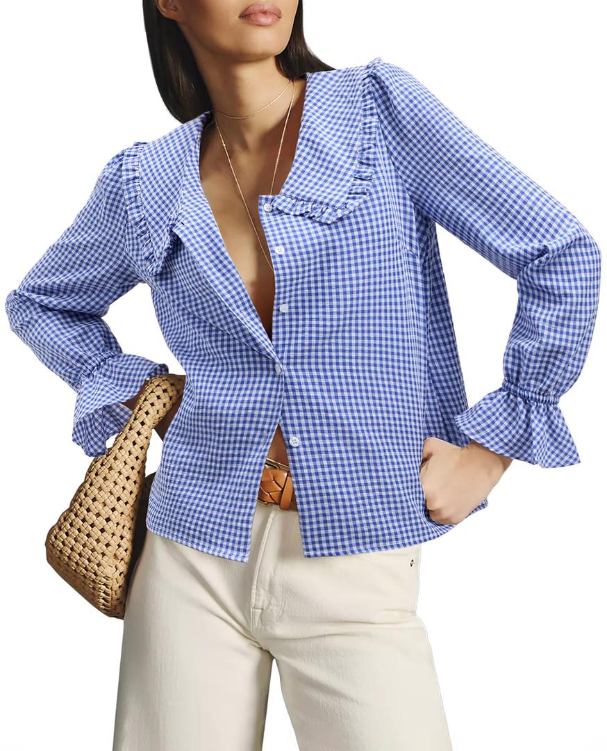 siliteelon Plaid Shirts for Women Gingham Top Button Down Shirts Peter Pan Collar Puff Long Sleeve Cotton Casual Work Blouse Blue