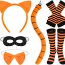 6 Pcs Orange Cat Costume Accessories Set Including Orange Cat Ears Headband Tail Bow Tie Black Mask Socks and Gloves for Halloween Storybook Fancy Dress Cosplay
