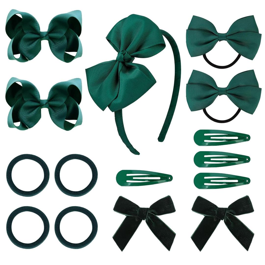 DEEKA Dark Green Uniform 15 Pieces Hair Accessories Set - Hair Bows, Hair Clips, Headband, Hair Ties for Little Toddler School Girls