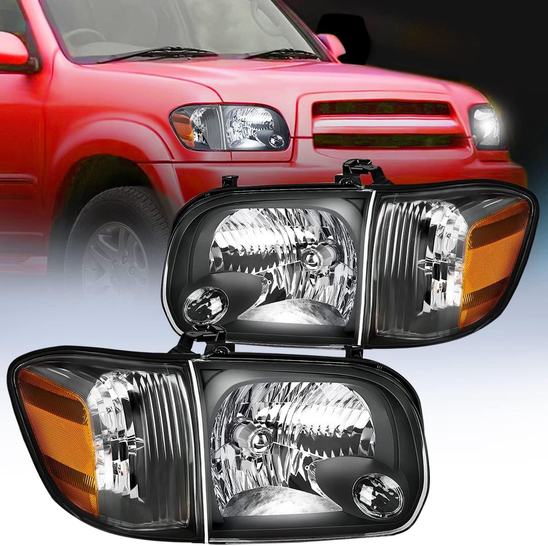 Nilight Headlight Assembly for 2005 2006 Toyota Tundra 4 Door Double Crew Cab 2005 2006 2007 Sequoia Pickup Replacement Black Housing Amber Reflector Driver and Passenger Side