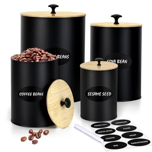 Round Black Kitchen Canisters for Countertop Set of 4, Flour Sugar Storage Containers, Farmhouse Kitchen Canisters Coffee Tea Sugar Spice Flour Food Storage Container with Airtight Bamboo Lids