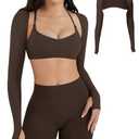 YEOREO Women Crop Top Long Sleeve Bolero Open Front Workout Cropped Shirts Sports Shrug (Coffee, M)