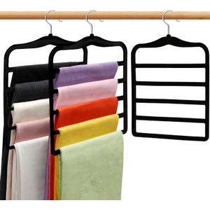 Closet Organizers and Storage,3 Pack Velvet Pants-Hangers-Space-Saving,Non Silp 5 Tier Scarf Jeans Organizer,Dorm Room Essentials for College Students Girls Boys Guys,Organization and Storage (Black)