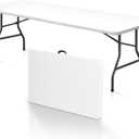 SUPER DEAL 8FT Folding Picnic Table for Indoor Outdoor, Portable Fold-in-Half Plastic Dining Camping Party Table with Carrying Handle (95"x30", White)