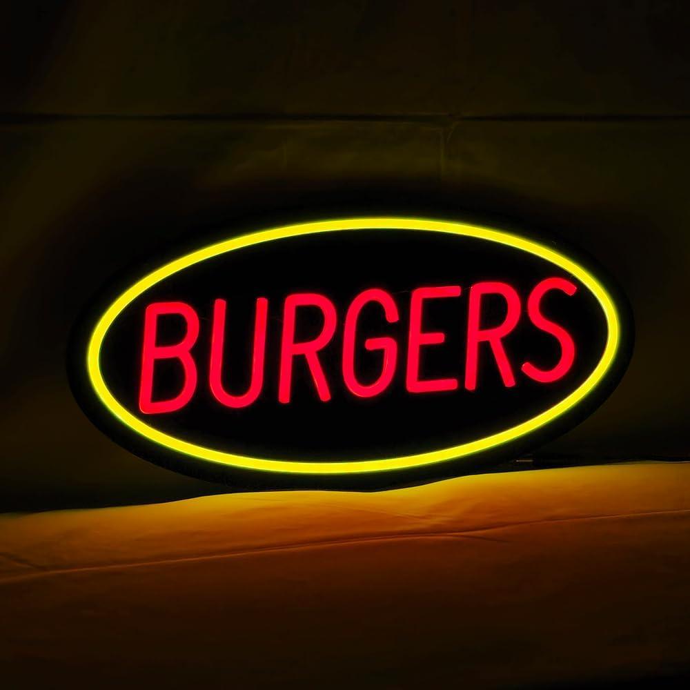 LED Burgers Neon Sign, 20"x10", Business Signboards for Fast Food Restaurant, Snack Bar, Grill House, Takeout, Black Acrylic Backboard, Easy to Install, Wall Window Decoration for Storefront, 18"x9"