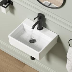 Wall Mounted Bathroom Vessel Sink, QISHKA 15" X 12" Rectangular Floating Ceramic Wash Hand Basin White Wall Hung Vanity Sink for Bathroom and Cloakroom