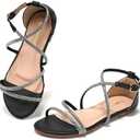 MOAILAOZI Women's Flat Sandals Ankle Strap & Rhinestone Strappy Slides With Soft Memory Foam Insole, Beach Dressy Slippers for Summer Vacation, Size 8, Black