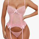 Donnalla Women Sexy Lingerie Set Floral Lace Bodysuit Garter Lingerie Teddy with Panty Stockings, Medium
