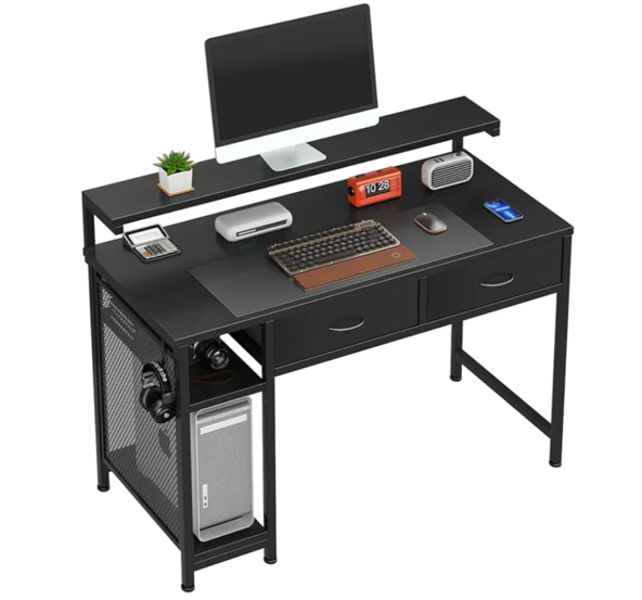 MUTUN 39" Computer Desk, Home Office Desks with Drawers, Adjustable Monitor Stand and Hook, Study Writing Table with Mesh Storage Shelves, Black