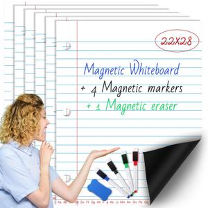 Fulmoon 6 Pieces Jumbo Classroom Whiteboard Accessories Giant Magnetic Notebook Paper 22 x 28 with 4 Pieces Magnetic Dry Erase Markers Bone Shaped Dry Eraser for Students School, Office and Home