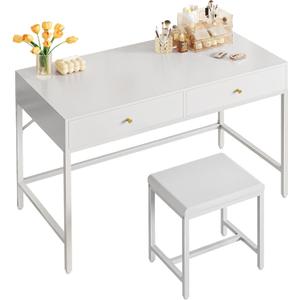 SUPERJARE 43-inch White Desk with 2 Drawers and Padded Stool, Modern Makeup Vanity & Computer Desk with Storage for Home Office, Bedroom Study