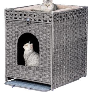Snughome Cat Litter Box Enclosure Furniture Hidden with Cat Litter Mat, Hidden Cat Washroom Furniture with Door, Handwoven Rattan Cat Washroom Box, Indoor Pet House for Living Room, Bedroom(Grey)