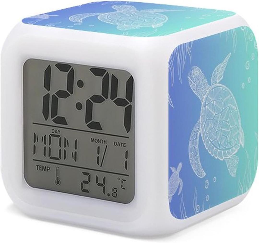 Sea Turtle Alarm Clock for Kids Boy Girl 7 LED Color Changing Wake Up Clock Home Decor Bedroom Digital with Temperature Display