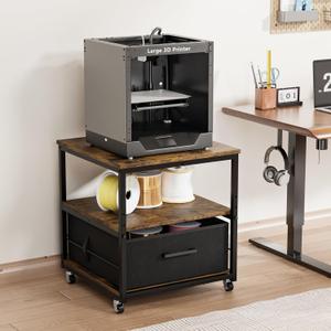 VINGLI 3 Tier Rolling Printer Stand with Storage, Mobile Printer Table with Adjustable Shelf, Heavy Duty 3D/Laser Printer Cart with Drawer for Fax Machine Copier Scanner (Rustic Brown)