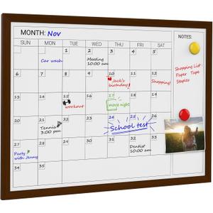 Comix Dry Erase Calendar Whiteboard for Wall, Magnetic Dry Erase White Board with Brown Wood Frame, 24 * 18 inches Decorative Planner Board for Office, Kitchen, School, Home
