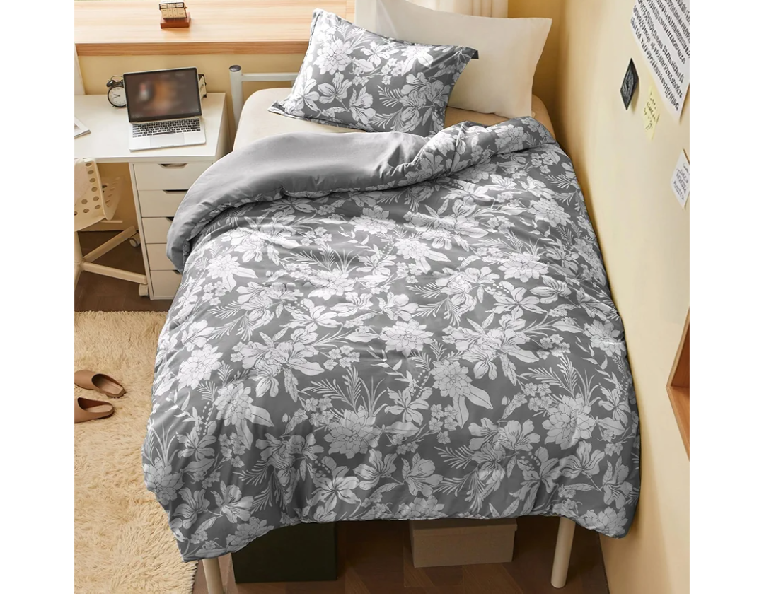 Joiedomi Twin Comforter Set Grey, 2 Pieces Floral Twin Bedding Set with 1 Soft Reversible Botanical Flower Comforter and 1 Pillow Sham, Bed in a Bag for All Seasons