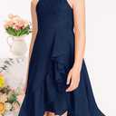MITILLY Girls Lace Flower Ruffle Dress Chiffon Halter A Line High Low Flowy Junior Bridesmaid Dresses for Wedding Party (Blue), Size 6-7Y