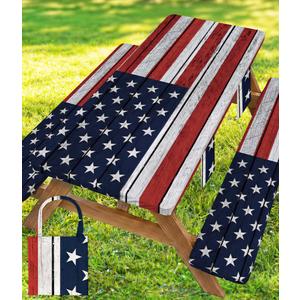 Picnic Table Cover with Bench Covers Waterproof Rectangle Tablecloth Camping Essentials Supplies Rv Travel Must Haves Gear Accessories Fitted Table Cloth Outdoor Road Trip Camper Gifts American Flag