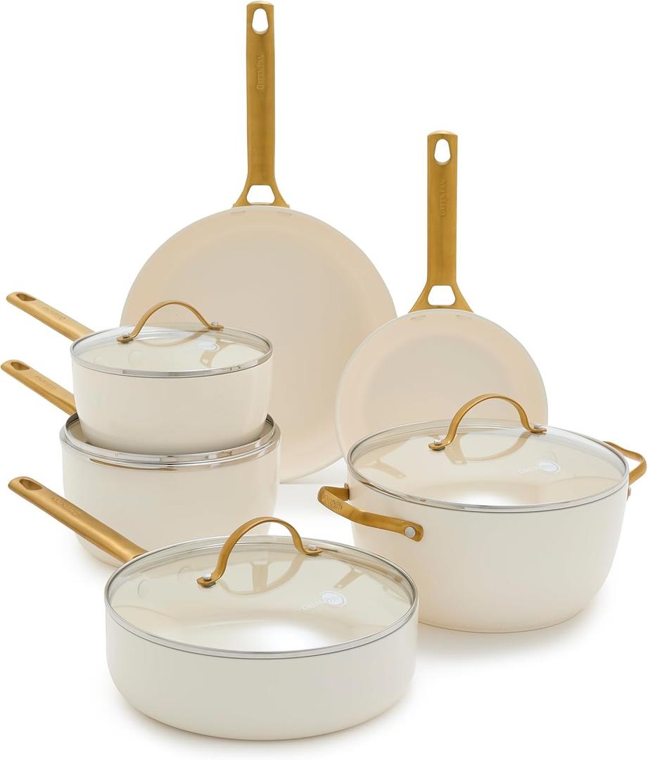 GreenPan Reserve Hard Anodized Healthy Ceramic Nonstick 10 Piece Cookware Pots and Pans Set, Gold-Tone Stainless Steel Handles, PFAS & PFOA-Free, Dishwasher Safe, Oven & Broiler Safe, Cream White