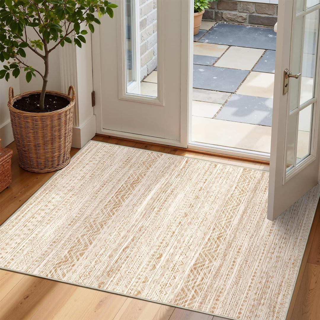 Miukiki 2x3 Entryway Rug Moroccan Washable Non Slip Indoor Floor Carpet Foldable Thin Rug for Dining Room Bedroom with Low Pile(Beige,2'x3')