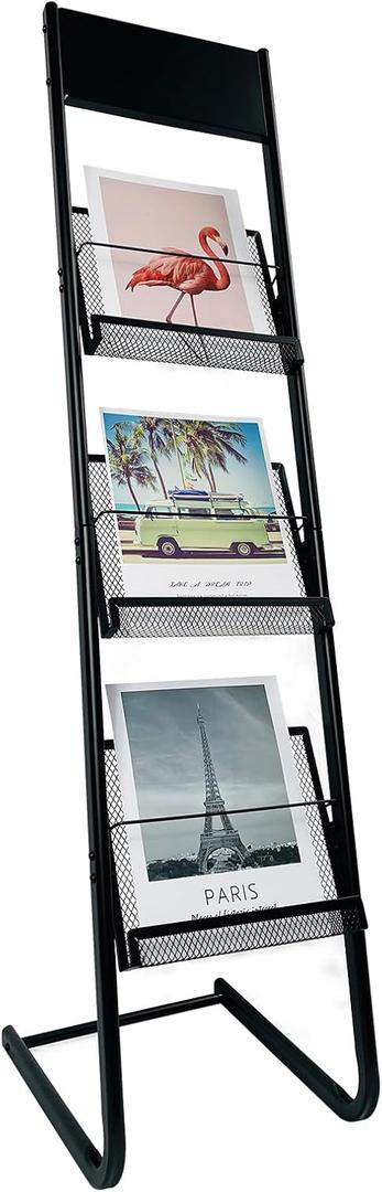 TONGMO Floor-standing 3-Layer Magazine Rack, Brochure Display Stand, made of high-hardness metal, suitable for Exhibitions, Offices, and any organization requiring information display. (3F-Black)