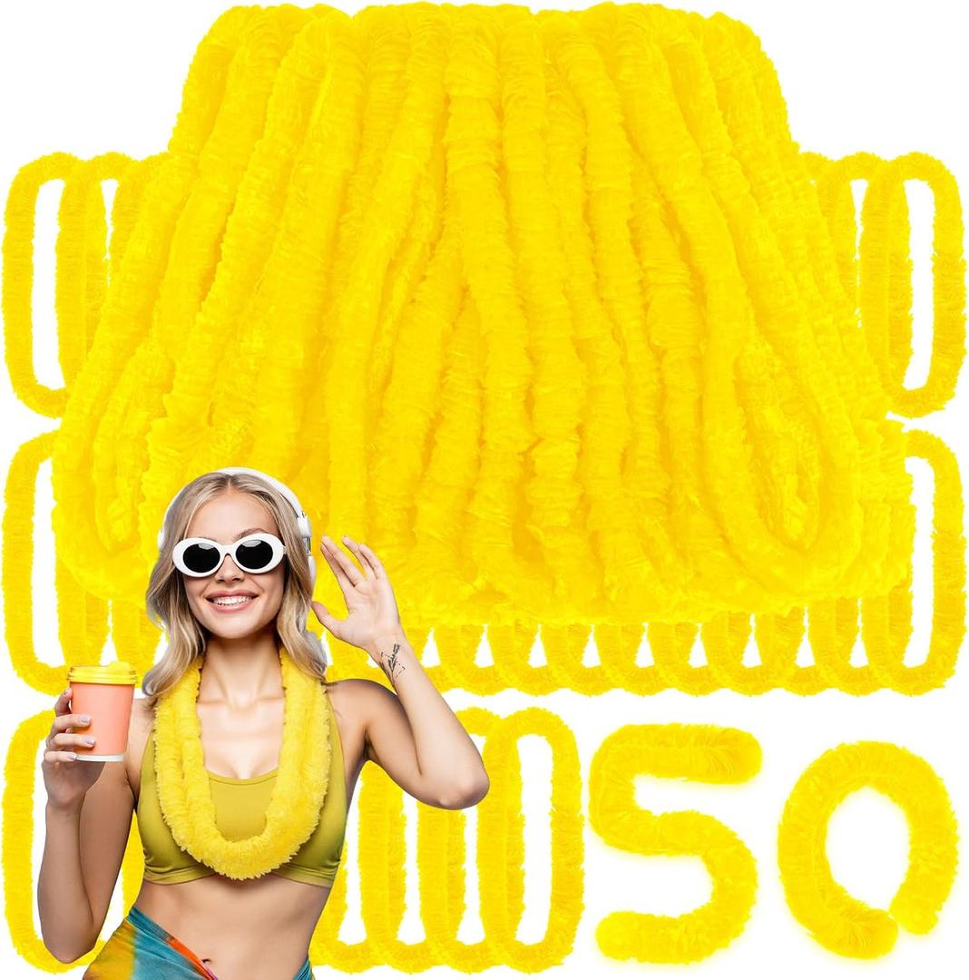 Janinka 50 Pcs Hawaiian Leis for Luau Party, Soft Twist Tropical Flower Necklaces 36 Inch Plastic Lei for Summer Beach, Pool Parties and Tropical Themed Events(Yellow)