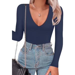 SAUNGKUAI Women's Plunge Deep V Neck Long Sleeve Bodysuit Double Lined Thong Body Suit Shirt Tops, Size Medium