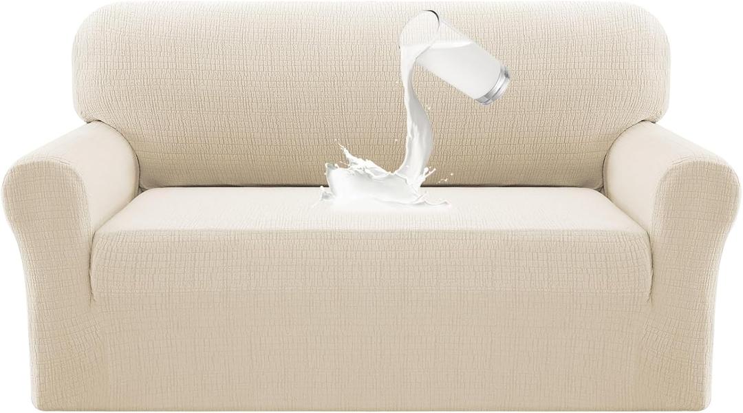 PrinceDeco Waterproof Couch Cover Slipcovers for Sofas,Stretch Loveseat Cover for 2 Seat Couch,Love Seat Sofa Covers Washable Furniture Protector for Kids, Pets (Loveseat Seat Width 38"-46" Ivory)