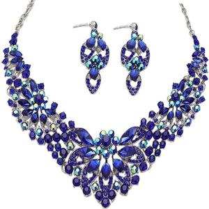 Women Jewelry Set Rhinestone Crystal Statement Necklace Bride Rib Choker Necklace Floral Beaded Collar Neklcace Cluster Dangle Earrings Set for Wedding Party (Royal Blue)