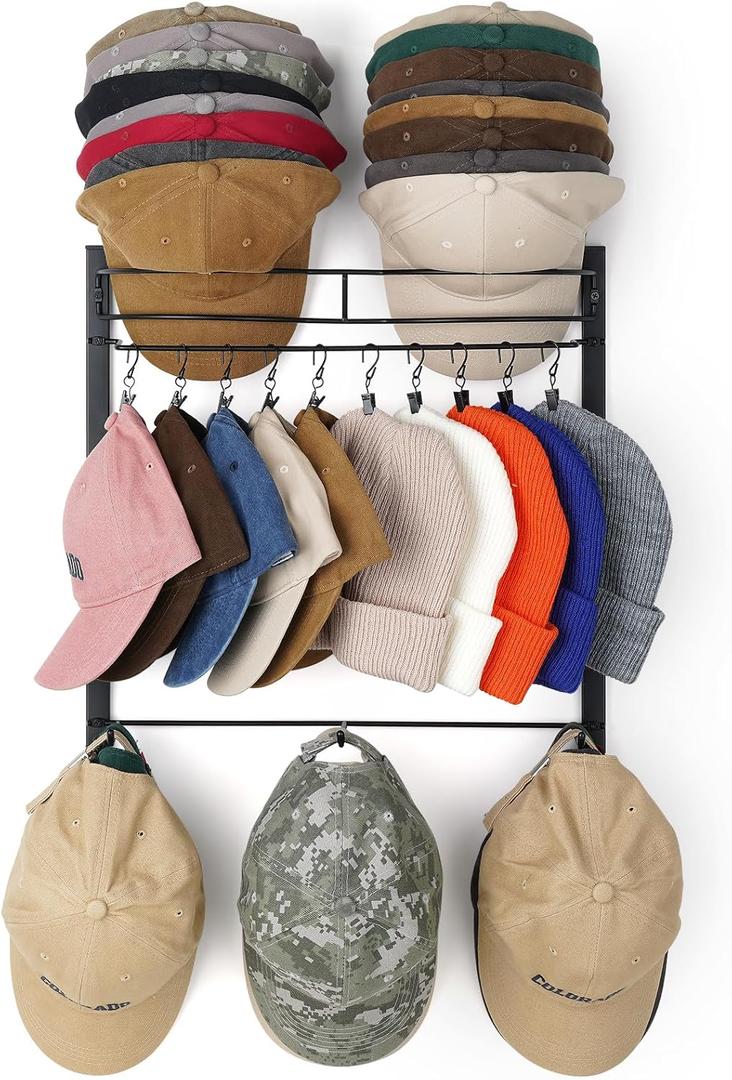 Hat Rack for 45 Baseball Caps with 10 Clips 3 Tier Hat Organizer for Wall Multi-functional Hat Hanger Metal Hat Holder at Closet Bedroom Entryway Gift for Men Boy Teen