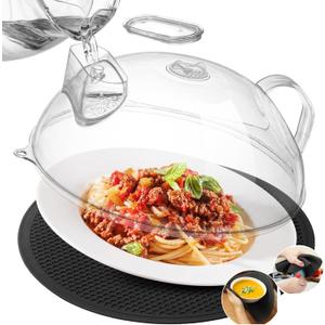 Microwave Splatter Cover for Food, Clear Microwave Lid with Water Steamer, Integrated Handle, Splatter Guard, 10 Plate Covers & 12" Mat, BPA-Free, Essential Kitchen Gadgets and Accessories
