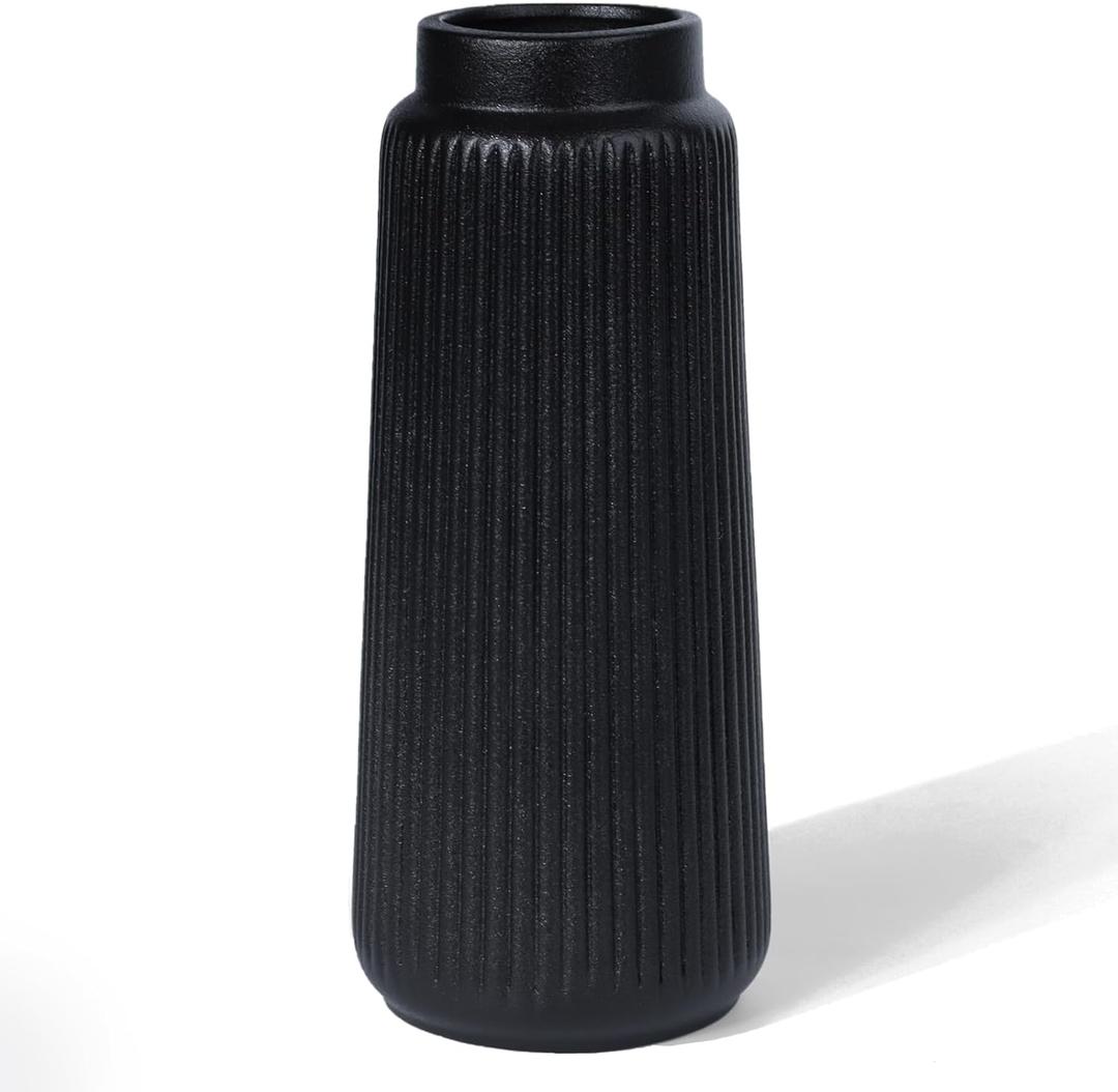 Black Ceramic Vase, 8 Inch Conical Flower Vase for Pampas Grass, Modern Minimalist Ribbed Decorative Vase for Living Room Table, Shelf Decor