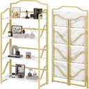 JSB 4 Tier No Assembly Folding Bookshelf, Foldable Storage Bookcase for Home Office, Space-Saving Storage Shelf for Living Room, Bedroom (White&Gold, 4-Tier)