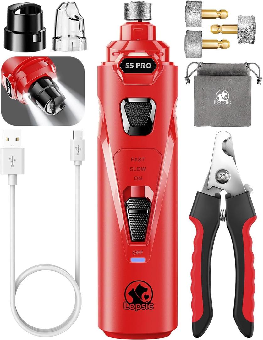 Dog Nail Grinder with 2 LED Lights Powerful 2 Speeds Super Quiet Dog Nail Trimmers with 3 Grinding Wheels Rechargeable Pet Dog Nail Clippers for Large Medium Puppy Dogs Dog Nail File Cat Nail Clipper (Whisper Quiet-Red)