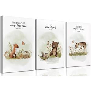 3Pcs Christian Nursery Animal Canvas Wall Art Bible Verse Wall Decor Pictures Religious Watercolor Cute Baby Animals Posters Prints for Kids Boys Girls Room Home Decoration 16x24in