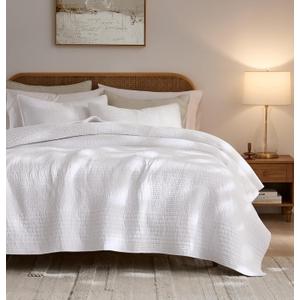 palassio Striped White 100% Cotton Quilt King Size Bedding Sets, Lightweight Crinkly Channel Pick Stitch Textured Bedspread Soft Shabby Chic Farmhouse Country Coverlet for All Season, 2 Shams