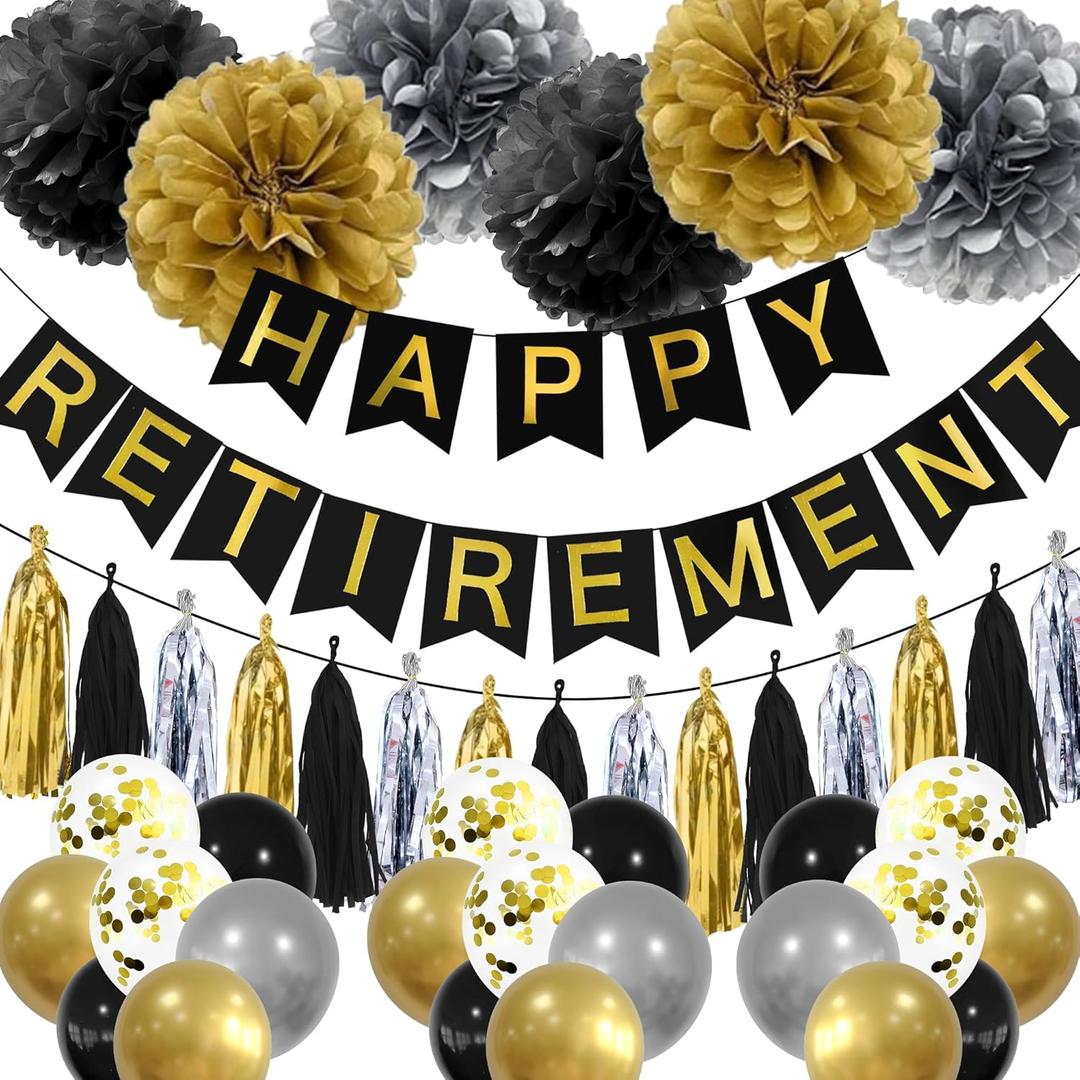 Retirement Party Decorations for Men Black Gold Happy Retirement Banner Balloons Paper Pompoms, Retired Party Supplies for Office Family Coworker
