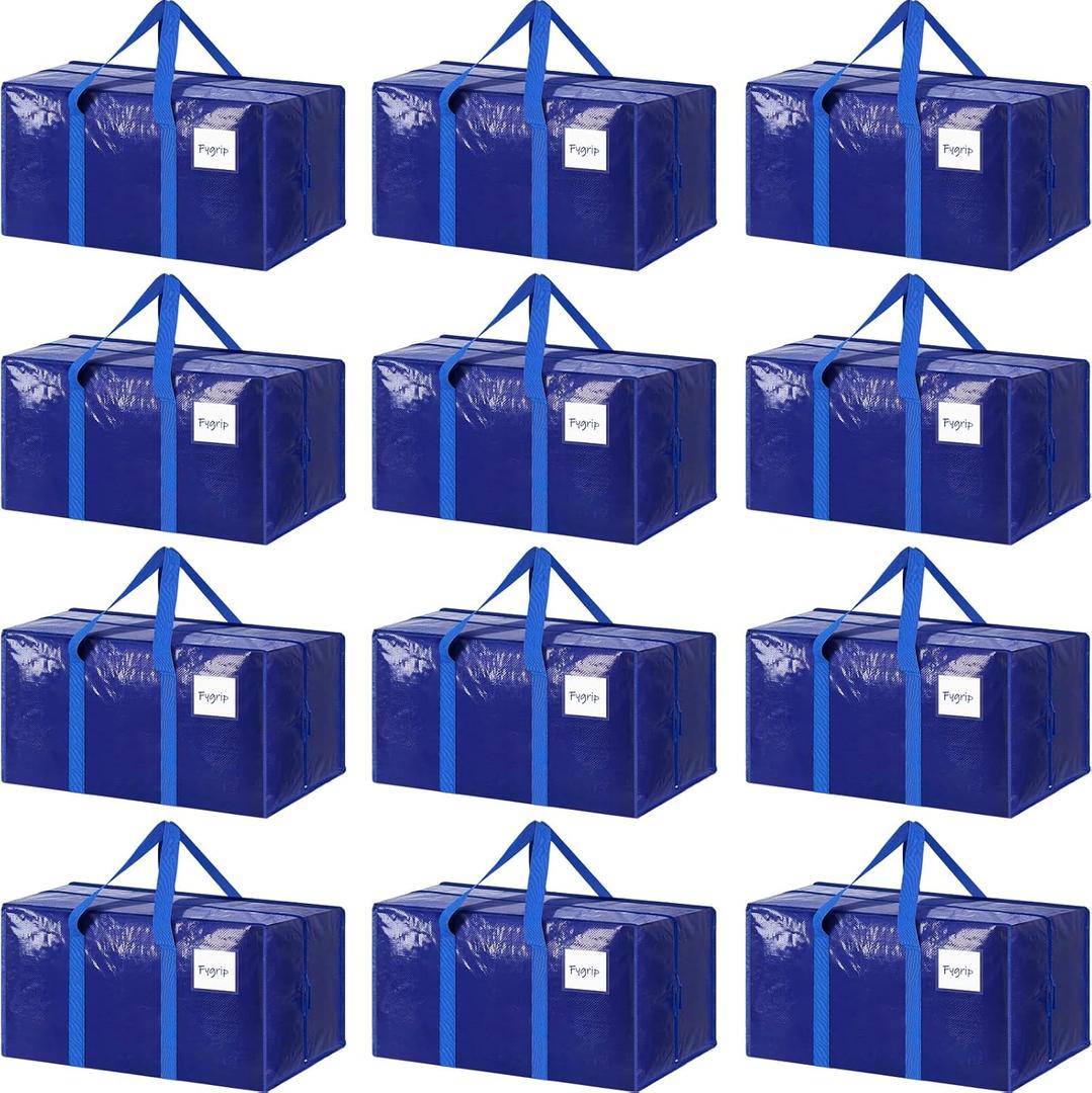 12 Pack Extra Heavy Duty Large Moving Bags with Strong Zipper & Comfortable Handles, Sturdy & Durable Clothes Storage Bags Totes Bins, Packing Moving Boxes for College Supplies, Blue