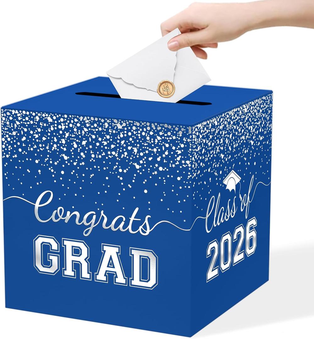 WNINK Graduation Card Box, 2026 Graduation Party Decorations, Foldable Money Card Boxes & Gift Card Boxes Holder, Blue & Silver Foil Design for Grad Parties