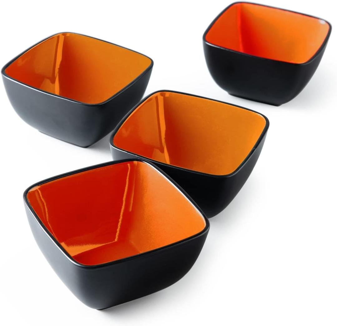AmorArc 32oz Square Cereal Soup Bowls, Stoneware Bowls Set of 4 for Kitchen, Large Bowls for Cereal,Soup,Salad,Meal, Microwave & Dishwasher Safe-Orange Inside