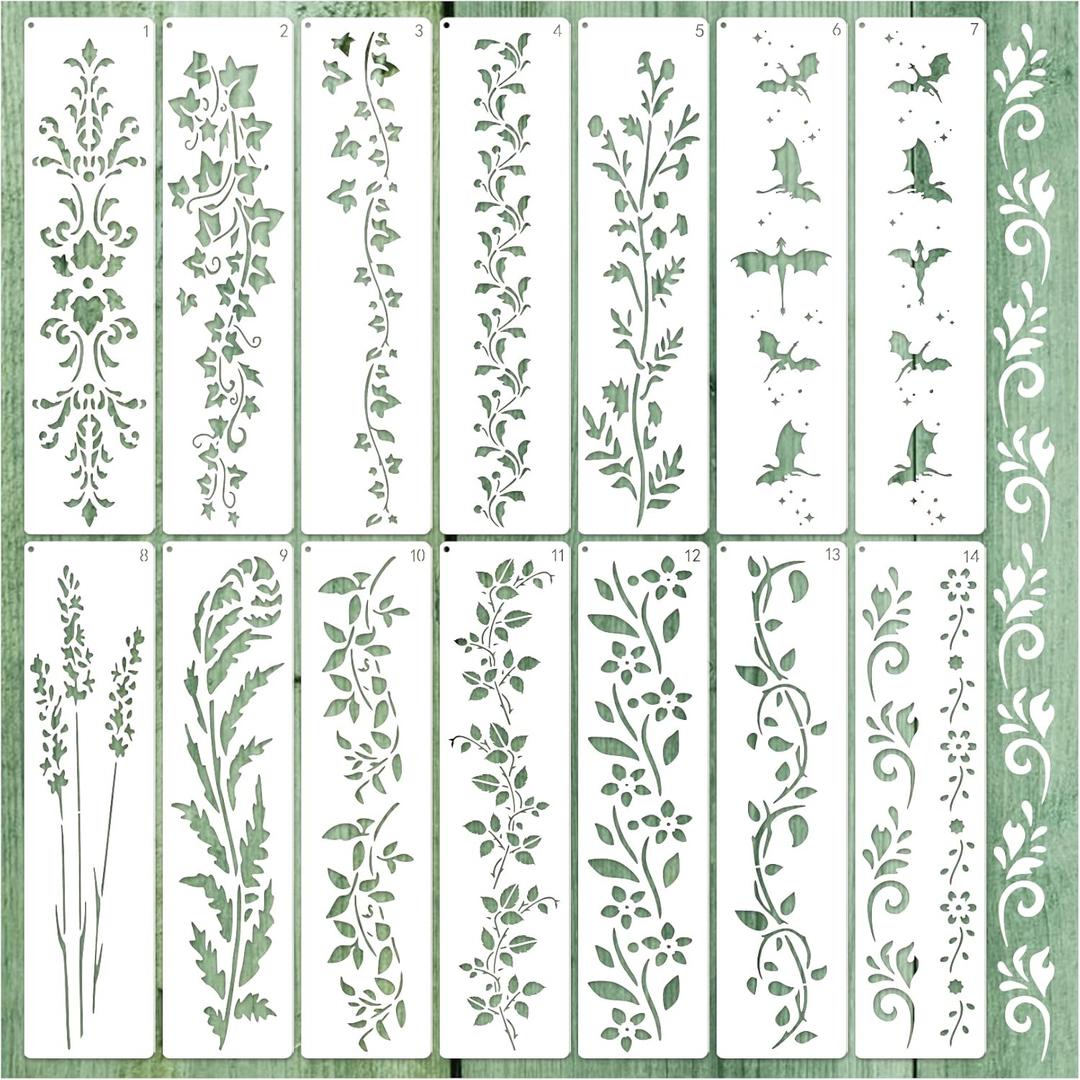 Large Border Flower Stencils for Painting Floral Leaf Stencil Dragon Vine Background Template Paint Stencils for Painting on Wood Burning Art Craft Canvas Furniture Wall
